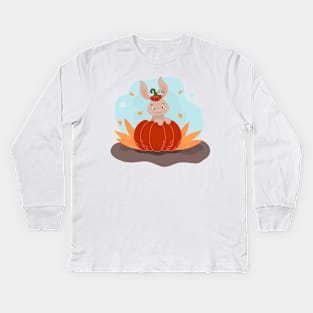 cute little bunny sitting in a pumpkin, Happy Halloween Kids Long Sleeve T-Shirt